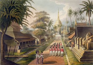 Den viktigste tilnærmingen til den store Dagon-pagoden i Rangoon, plate 3 fra 