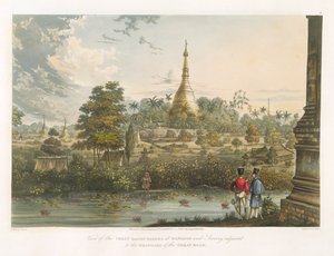 Utsikt over den store Dagon-pagoden ved Rangoon fra vest, gravert av Henry Pyall (1795-1833) 1825-26