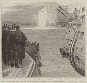 Lord George Hamiltons mottakelse av parlamentsmedlemmer ved Portsmouth Dockyard, avfyrte en gruve ved kontakt