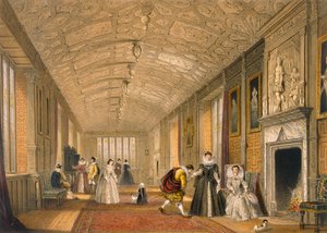 The Long Gallery at Lanhydrock, Cornwall, 1600, fra Architecture of the Middle Ages, publisert 1838 av Joseph Nash