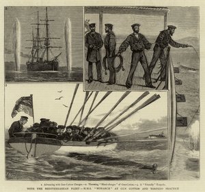 Med Middelhavsflåten, HMS Monarch ved Gun Cotton og Torpedo Practice av Joseph Nash