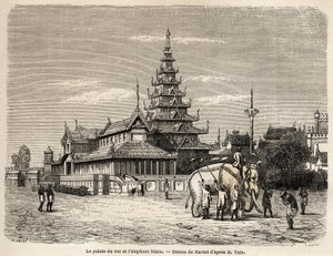 Palasset til kongen av Ava, i Amarapoura (dagens Burma), tegning av Navlet for å illustrere reisen til kongeriket Ava, i 1855, til kaptein Henri Yule av kroppen til den bengalske ånden. Gravering i "" Le tour du monde, nouveau journal des voya