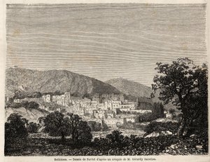 Utsikt over Betlehem, tegning av Joseph Navlet (1821-1889), for å illustrere Mr. Bidas reise til Palestina i 1856. Gravering i "" Le tour du monde, nouveau journal des voyages"" Paris