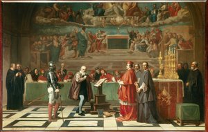 Galilea (eller Galileo Galilei (1564-1642) foran det hellige kontor i Vatikanet”” Astronomen ble dømt av inkvisisjonsdomstolen i 1632 for å forsvare Copernicus sine teorier. Maleri av Joseph Nicolas Robert-Fleury (Robert Fleury) (1797-1890) 1847