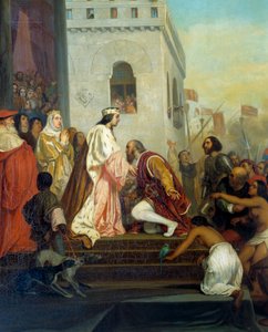 Mottakelse av Christopher Columbus (1451-1506) av kongene av Spania Ferdinand II av Aragon og Isabella 1. av Castilla (kalt katolikken) i Barcelona i 1493. Oppdageren kommer tilbake med fangede indianere. Detalj. Maleri av Joseph Nicolas Robert Fleury (1