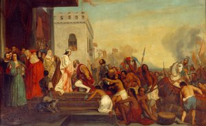 Mottakelse av Christopher Columbus (1451-1506) av kongene av Spania Ferdinand II av Aragon og Isabella 1. av Castilla (kalt katolikken) i Barcelona i 1493. Oppdageren kommer tilbake med fangede indianere. Maleri av Joseph Nicolas Robert Fleury (1797-1890