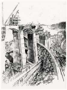 Approaches to the Gatun Lock, plate VI fra Panamakanalen av Joseph Pennell, 1912 (kull på papir) av Joseph Pennell