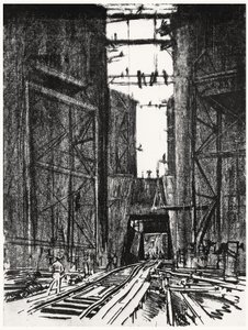 På bunnen av Gatun-slusen, plate IV fra Panamakanalen av Joseph Pennell, 1912 (kull på papir) av Joseph Pennell
