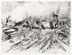 Building Miraflores Lock, plate XXI fra Panamakanalen av Joseph Pennell, 1912 (kull på papir) av Joseph Pennell
