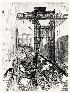 Kraner ved Miraflores-slusen, plate XXII fra Panamakanalen av Joseph Pennell, 1912 (kull på papir) av Joseph Pennell