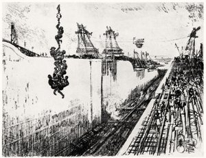Middagstid på Gatun, tallerken III fra Panamakanalen av Joseph Pennell, 1912 (kull på papir) av Joseph Pennell