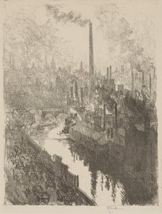 Engelsk krigsarbeid: The Great Chimney, The Motor Park av Joseph Pennell