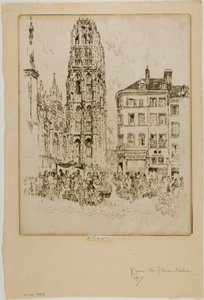 Blomstermarkedet og smørtårnet, Rouen av Joseph Pennell