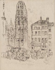 Blomstermarked og smørtårn, Rouen, 1907. av Joseph Pennell