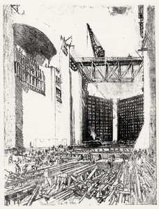 Laying the Floor: Pedro Miguel Lock, plate XVIII fra Panamakanalen av Joseph Pennell, 14. februar 1912 (kull) av Joseph Pennell