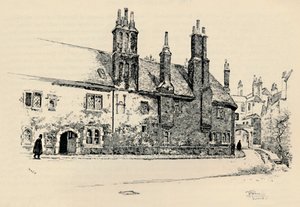 Old Charterhouse: Utvendig fasade av Washhouse Court, med den indre porten, 1886 av Joseph Pennell
