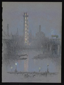 Skuddtårn med nattlys, fra Embankment av Joseph Pennell