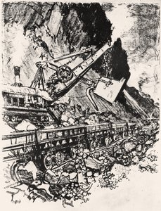 Steam Shovel Work: Culebra Cut, plate XIV fra Panamakanalen av Joseph Pennell, 1912 (kull på papir) av Joseph Pennell