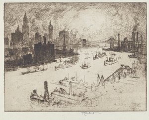 Solnedgang, fra Williamsburg Bridge av Joseph Pennell