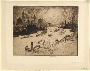 Solnedgang fra Williamsburg Bridge av Joseph Pennell