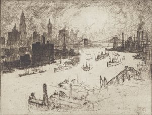 Solnedgang, fra Williamsburg Bridge, 1915. av Joseph Pennell