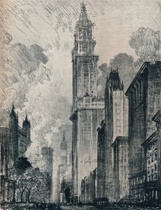 The Broadway and the Woolworth Building, New York, 1912 av Joseph Pennell