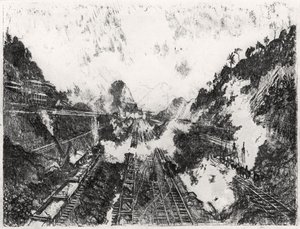 The Cut Looking into Ancon Hill, plate XVII fra Panamakanalen av Joseph Pennell, 1912 (kull på papir) av Joseph Pennell
