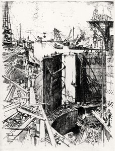 The Guard Gate at Gatun, plate V fra Panamakanalen av Joseph Pennell, 1912 (kull på papir) av Joseph Pennell