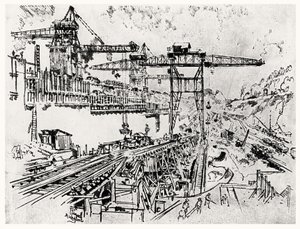 The Walls of Miraflores Lock, plate XXIII fra Panamakanalen av Joseph Pennell, 1912 (kull på papir) av Joseph Pennell