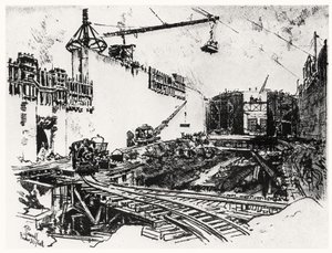 The Walls of Pedron Miguel, plate XX fra Panamakanalen av Joseph Pennell, 1912 (kull på papir)