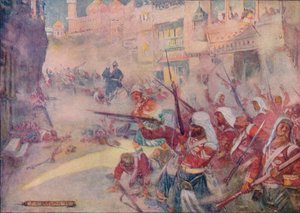 Britiske soldater ble sett kjempe seg gjennom gatene, 1908, c1920. av Joseph Ratcliffe Skelton