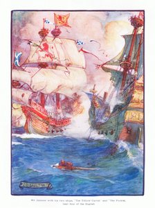 Sir Andrew med sine to skip, Yellow Carvel and the Flower, slo fem av de engelske skipene, 1910 av Joseph Ratcliffe Skelton