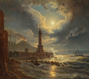 Fyr i havnen i Napoli ved måneskinn