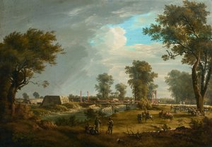 Scene fra Napoleonskrigene: Bro i Lobau med fransk infanteri av Joseph Rebell