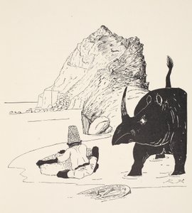 Parsee begynner å spise kaken sin på den ubebodde øya, illustrasjon fra "Just So Stories for Little Children" av Rudyard Kipling, pub. London, 1951