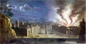 En piazza i en italiensk havneby med en bygning som står i brann om natten av Joseph Ruiz