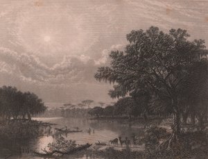 Louisiana Bayou, USA, stålgravering av Robert Hinshelwood (1812-etter 1875) etter maleri av Joseph Rusling Meeker (1827-1889), ca. 16x18 cm