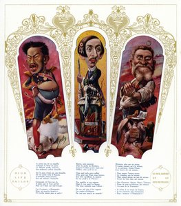 Karikaturer: Meiji-keiseren av Japan; Maurice Barres, fransk forfatter og nasjonalistisk politiker; Jean Jaures , fransk politiker (farge litho)
