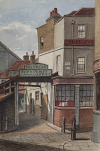 Utsikt over Bell Tavern, Addle Hill, som viser tegn til Reid og Companys feirede stout, og en fortauskantstolpe, 1868 (wc på papir) av Joseph Thomas Wilson