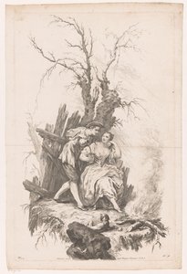 Mann og kvinne med hund ved bål Vinter Four Seasons (serietittel) av Joseph Wagner (possibly)