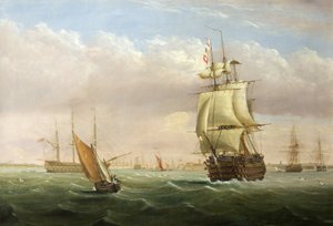 Havneinngang med frakt (olje på lerret)