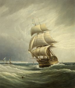 Tre-mastet skip før vinden (olje på lerret)