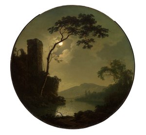 Innsjø med slott på en høyde av Joseph Wright of Derby
