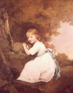 Frøken Bentley i en hvit kjole som holder en kanin av Joseph Wright of Derby