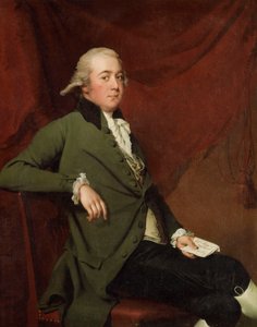 Portrett av Edward Abney, sittende tre fjerdedels lengde, i en grønn frakk, holder et brev mot et rødt gardin, sent på 1780-tallet av Joseph Wright of Derby