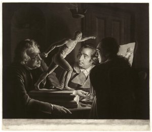 Tre personer som ser på gladiatoren med levende lys, gravert av William Pether, 1769 av Joseph Wright of Derby