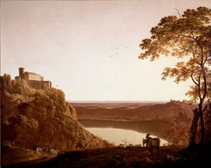 Utsikt over Lake Nemi i skumringen Maleri av Joseph Wright dit Wright fra Derby (1734-1797) av Joseph Wright of Derby
