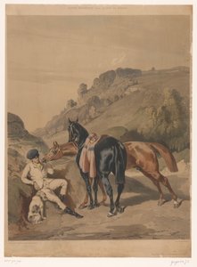 To hester med hvilende rytter i et landskap Hester etter Alfred de Dreux (serietittel) Motivs équestres d
