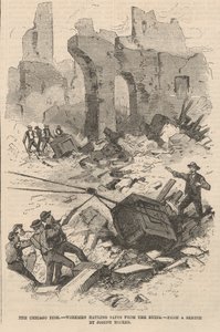 Workmen Hauling Safes from the Ruins, illustrasjon fra Frank Leslies Illustrated Newspaper, 1871 av Joseph after Becker