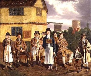 Norwich-karakterer, L. til R., Peter Thomas, C. Grimer, R. Gurney, R. Gallant, Blind Dan, John of Poringland, Joe Doe, Whistling Cuckoo Boy og Wyer av Joseph and Alfred Stannard